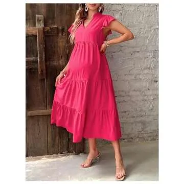 MakeMeChic Women's Maternity Dress Summer Notch V Neck Cap Sleeve High Waist A Line Pregnancy Midi Dress Hot Pink Small
