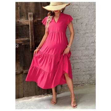 MakeMeChic Women's Maternity Dress Summer Notch V Neck Cap Sleeve High Waist A Line Pregnancy Midi Dress Hot Pink Small