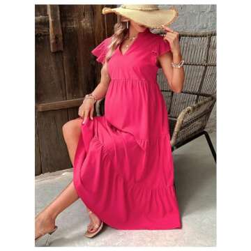 MakeMeChic Women's Maternity Dress Summer Notch V Neck Cap Sleeve High Waist A Line Pregnancy Midi Dress Hot Pink Small