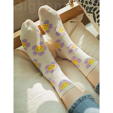 IIG 3-6 Pairs Womens Cute Animal Patterned Funny Novelty Cotton Crew Socks (Flower 2-5 pairs)