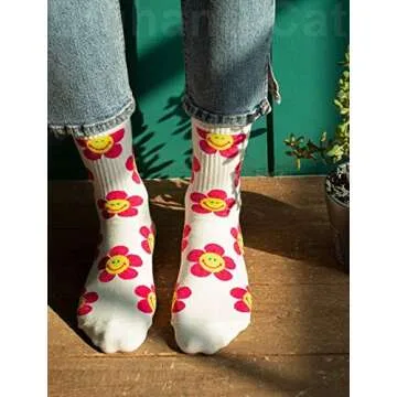 IIG 3-6 Pairs Womens Cute Animal Patterned Funny Novelty Cotton Crew Socks (Flower 2-5 pairs)