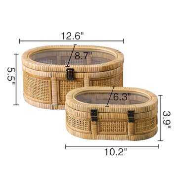 SOFE Oval Rattan Boxes with Glass Lid Set of 2, Farmhouse Stacking Decorative Boxes for Home Decor Organizers, Handwoven Boho Storage Bins, Thanksgiving, Christmas, Housewarming Gifts