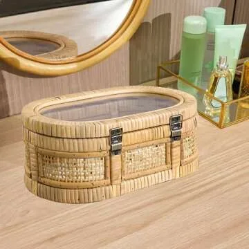 SOFE Oval Rattan Boxes with Glass Lid Set of 2, Farmhouse Stacking Decorative Boxes for Home Decor Organizers, Handwoven Boho Storage Bins, Thanksgiving, Christmas, Housewarming Gifts