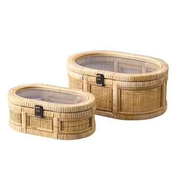 SOFE Oval Rattan Boxes with Glass Lid Set of 2, Farmhouse Stacking Decorative Boxes for Home Decor Organizers, Handwoven Boho Storage Bins, Thanksgiving, Christmas, Housewarming Gifts