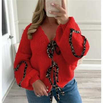 Women Y2k Tie Front Knitted Cardigan Sweater Long Sleeve Open Front Oversized Cardigan Knitwear Tops...