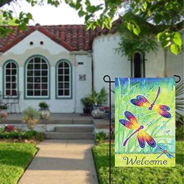 Welcome Spring Summer Dragonfly Butterfly Flowers Double Sided Garden Yard Flag 12" x 18", Hello Spring Summer Floral Flying Dragonfly Grass Decorative Garden Flag Banner for Outdoor Home Decor Party