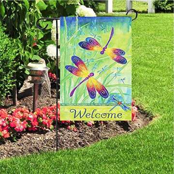 Welcome Spring Summer Dragonfly Butterfly Flowers Double Sided Garden Yard Flag 12" x 18", Hello Spring Summer Floral Flying Dragonfly Grass Decorative Garden Flag Banner for Outdoor Home Decor Party