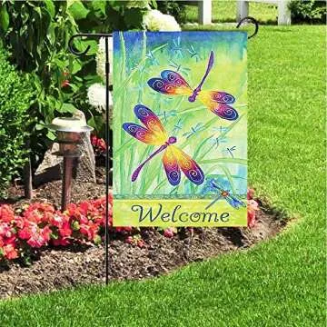 Welcome Spring Summer Dragonfly Butterfly Flowers Double Sided Garden Yard Flag 12" x 18", Hello Spring Summer Floral Flying Dragonfly Grass Decorative Garden Flag Banner for Outdoor Home Decor Party