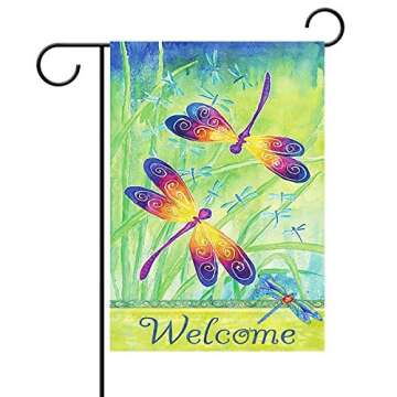 Welcome Spring Summer Dragonfly Butterfly Flowers Double Sided Garden Yard Flag 12" x 18", Hello Spring Summer Floral Flying Dragonfly Grass Decorative Garden Flag Banner for Outdoor Home Decor Party
