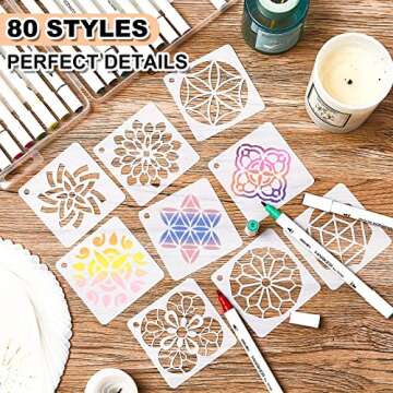80 Pieces 3 x 3 Inch Mandala Reusable Plastic Art Craft Kits for DIY Painting Art Projects Wood Wall Floor Fabric Furniture Tile Holiday Stencils Decorations Mandala Stencils Craft Kits