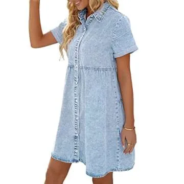 LookbookStore Denim Dress for Women Blue Jean Short Sleeve Denim Shirt Dress Casual Summer Babydoll ...