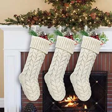 LimBridge Christmas Stockings, 3 Pack 18 Inches Large Size Cable Knit Knitted Xmas Rustic Personalized Stocking Decorations for Family Holiday Season Decor,Ivory, Khaki, Grey