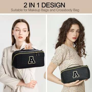 YOOLIFE Initial Makeup Bag Cosmetic Bag - Make Up Bag Travel Essentials Makeup Bag Skincare Bags for Women Trendy Makeup Bag Small Makeup Bag Birthday Mothers Day Gifts for Women Black A