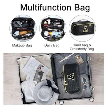 YOOLIFE Initial Makeup Bag Cosmetic Bag - Make Up Bag Travel Essentials Makeup Bag Skincare Bags for Women Trendy Makeup Bag Small Makeup Bag Birthday Mothers Day Gifts for Women Black A