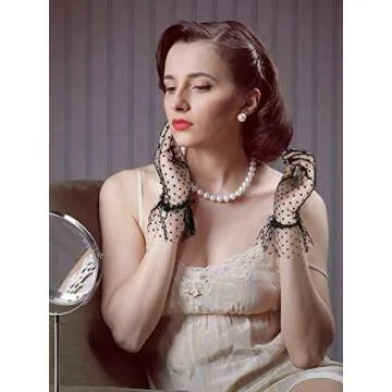 Boao Women Short Lace Glove Floral Courtesy Lace Glove for Wedding Tea 1950's Party Costume Favors(Black)