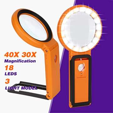 30X 40X Magnifying Glass with Light and Stand, Foldable Handheld Magnifying Glass 18 LED Illuminated Lighted Magnifier for Macular Degeneration, Seniors Reading, Close Work, Coins, Jewelry (Orange)