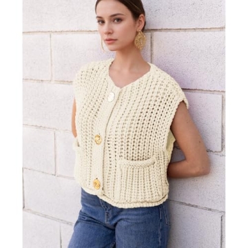 Hixiaohe Women's Trendy Crochet Sweater Vest with Pockets