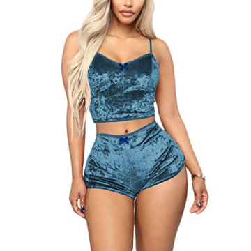 Women's Velvet Two-Piece Pajamas Set with Spaghetti Straps and Lace