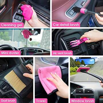 CALBEAU Car Interior Detailing Kit with Car Vacuum Cordless Rechargeable, 8000 PA Suction Portable Vacuum Cleaner with 15PCS Car Cleaning Kit, Pink Car Accessories for Women Gift