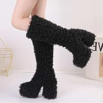 Yolkomo Platform Boots for Women Chunky Heel Fur Boots Y2K Platform Boots for Girls Knee High Block Heel Furry Boots Round Toe Wide Calf High Boots Black Size 5