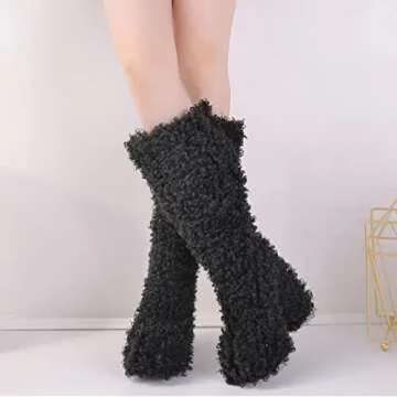 Yolkomo Platform Boots for Women Chunky Heel Fur Boots Y2K Platform Boots for Girls Knee High Block Heel Furry Boots Round Toe Wide Calf High Boots Black Size 5