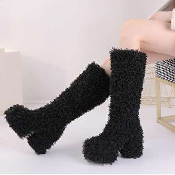 Yolkomo Platform Boots for Women Chunky Heel Fur Boots Y2K Platform Boots for Girls Knee High Block Heel Furry Boots Round Toe Wide Calf High Boots Black Size 5