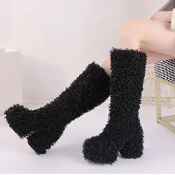 Yolkomo Platform Boots for Women Chunky Heel Fur Boots Y2K Platform Boots for Girls Knee High Block Heel Furry Boots Round Toe Wide Calf High Boots Black Size 5