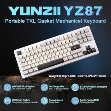 YUNZII YZ87 75% Gasket Mechanical Keyboard - Compact Hot Swappable, Wireless RGB Gaming Keyboard