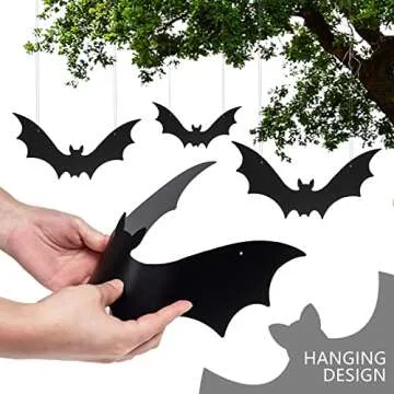 HiPatio Halloween Plastic Bats, 12PCS Black Hanging Bats Lifelike Spooky Bats for Outdoor Graden Yard Halloween Decorations Indoor Kids Party Wall Window Decals Home Decor