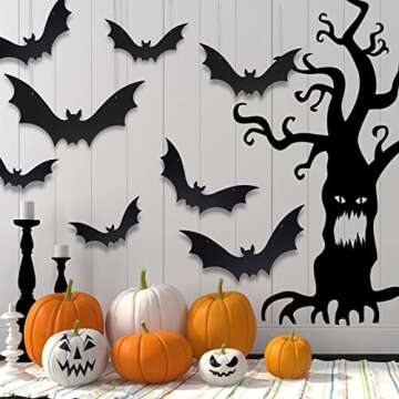 HiPatio Halloween Plastic Bats, 12PCS Black Hanging Bats Lifelike Spooky Bats for Outdoor Graden Yard Halloween Decorations Indoor Kids Party Wall Window Decals Home Decor