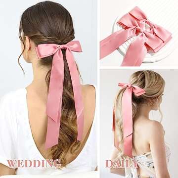 Large Satin Hair Bows Hair Ribbons for Women CEELGON 2PCS Big Long Rose Gold Ballet Style Hair Bows French Barrette Vintage Accessories for Girls-Rose Gold