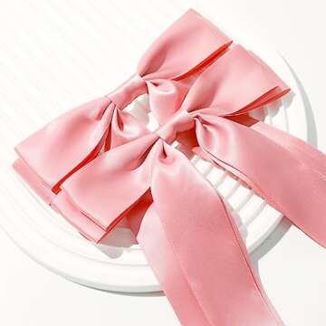 Large Satin Hair Bows Hair Ribbons for Women CEELGON 2PCS Big Long Rose Gold Ballet Style Hair Bows French Barrette Vintage Accessories for Girls-Rose Gold