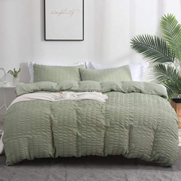 AveLom Green Duvet Cover Queen Set - Soft Seersucker Microfiber, 3 Pieces