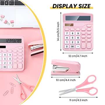 3 Pieces Pink Office Supplies Pink Desk Accessory Kit Set of Calculator Stapler Scissors Office Deco...