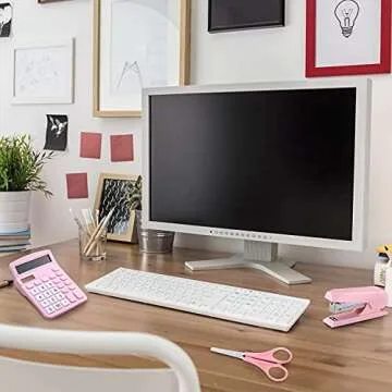 3 Pieces Pink Office Supplies Pink Desk Accessory Kit Set of Calculator Stapler Scissors Office Decor for Women Desk Pink Desk Organizer