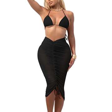 Ceuplon Women's Drawstring Ruched Short Bodycon Beach Skirt Mesh See Through Swimsuit Cover Up Midi Dress Black XL