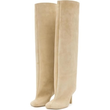 Trelako Women's Knee High Boots Beige Wide Calf Stiletto Long Booties Square Toe Pull On High Heel R...