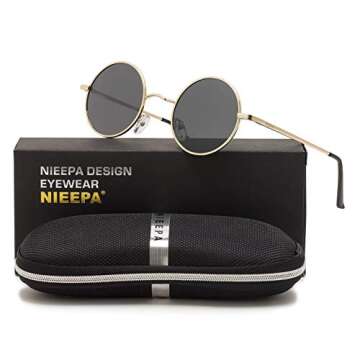 NIEEPA Vintage Round Polarized Hippie Sunglasses Small Circle Metal Driving Sun Glasses (Grey Lens/Gold Frame)