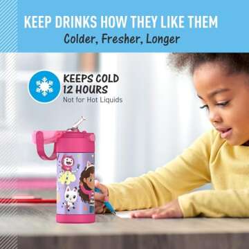 THERMOS FUNTAINER Water Bottle with Straw - 12 Ounce - Kids Stainless Steel Vacuum Insulated Water Bottle with Lid, Gabby’s Dollhouse