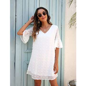 Blooming Jelly Womens White Dresses Short Sleeve V Neck Ruffle Cute Sun Dresses Chiffon Flowy Shift Mini Dresses (X-Small, White)