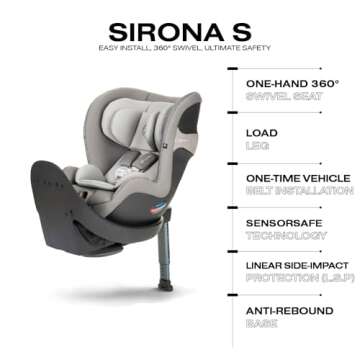 CYBEX Sirona S with SensorSafe, Convertible Car Seat, 360° Rotating Seat, Rear-Facing or Forward-Facing Car Seat, Easy Installation, SensorSafe Chest Clip, Instant Safety Alerts, Manhattan Grey