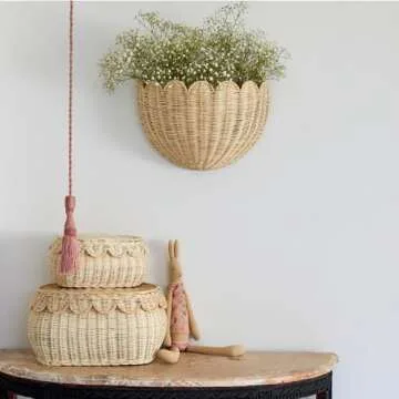 Scalloped Hanging Wicker Baskets for Wall Decor - Natural Rattan Storage Solutions