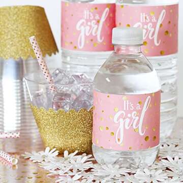 Pink and Gold It's a Girl Baby Shower Water Bottle Labels - Gold Sparkle Waterproof Stickers for Water Bottles - 24 Count