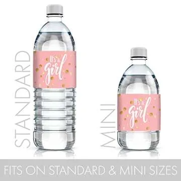 Pink and Gold It's a Girl Baby Shower Water Bottle Labels - Gold Sparkle Waterproof Stickers for Water Bottles - 24 Count
