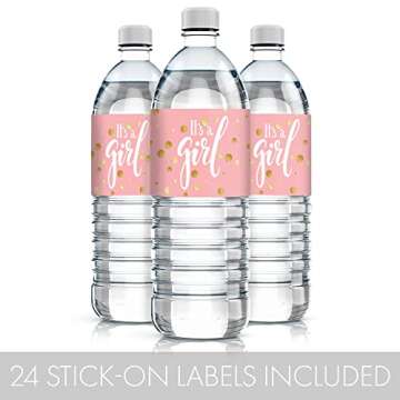 Pink and Gold It's a Girl Baby Shower Water Bottle Labels - Gold Sparkle Waterproof Stickers for Water Bottles - 24 Count