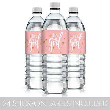 Pink and Gold It's a Girl Baby Shower Water Bottle Labels - Gold Sparkle Waterproof Stickers for Water Bottles - 24 Count