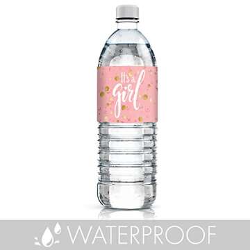 Pink and Gold It's a Girl Baby Shower Water Bottle Labels - Gold Sparkle Waterproof Stickers for Water Bottles - 24 Count