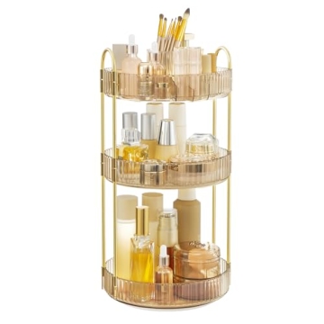 SONGMICS Makeup Organizer - 3-Tier Rotating Vanity Storage Solution, Champagne Gold