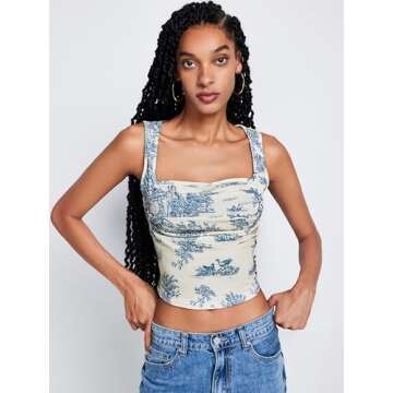 CIDER Toile de Jouy Square Neck Tank Top: Blue, XS