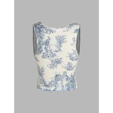 CIDER Toile de Jouy Square Neck Tank Top: Blue, XS